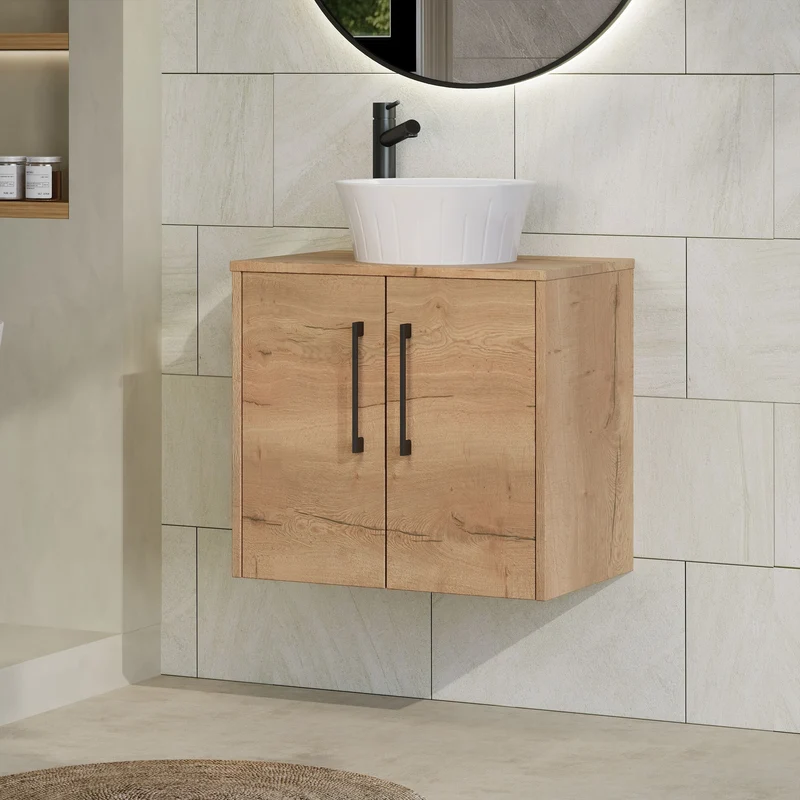 Juno 600mm Wall Hung 2 Door Vanity Unit & Worktop - Autumn Oak Woodgrain