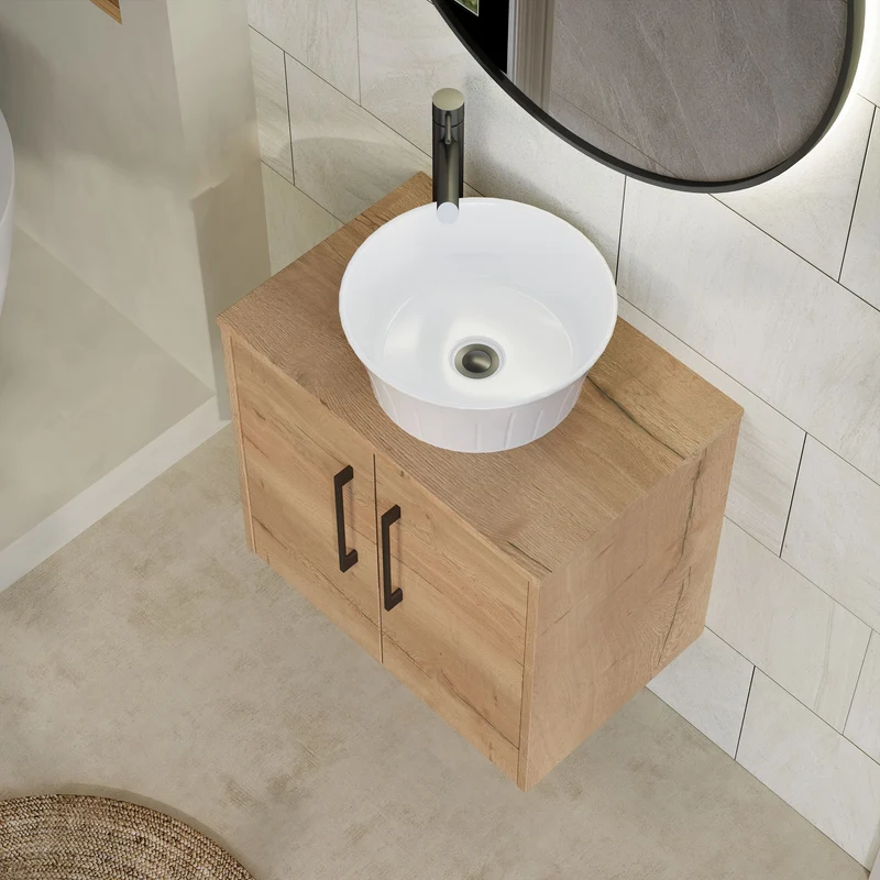 Juno 600mm Wall Hung 2 Door Vanity Unit & Worktop - Autumn Oak Woodgrain