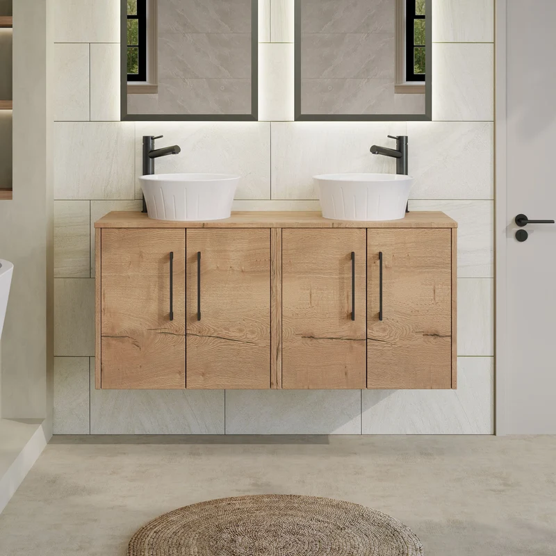 Juno 1200mm Wall Hung 4 Door Vanity Unit & Worktop - Autumn Oak Woodgrain