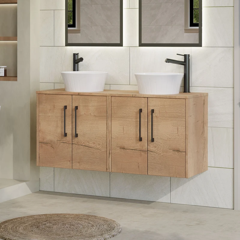 Juno 1200mm Wall Hung 4 Door Vanity Unit & Worktop - Autumn Oak Woodgrain