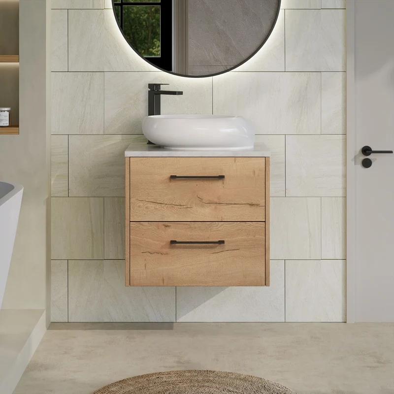 Juno 600mm Wall Hung 2 Drawer Vanity Unit & Bellato Grey Laminate Worktop - Autumn Oak Woodgrain
