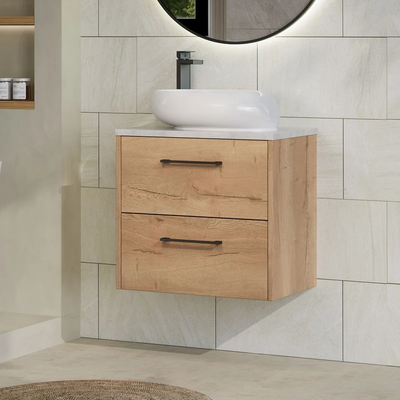 Juno 600mm Wall Hung 2 Drawer Vanity Unit & Bellato Grey Laminate Worktop - Autumn Oak Woodgrain