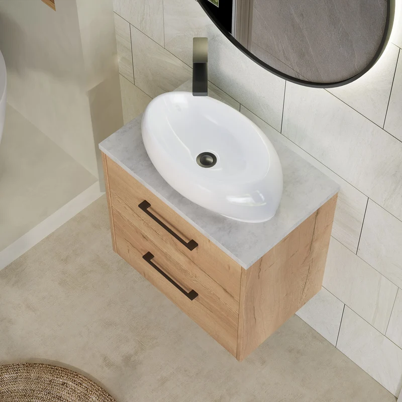 Juno 600mm Wall Hung 2 Drawer Vanity Unit & Bellato Grey Laminate Worktop - Autumn Oak Woodgrain