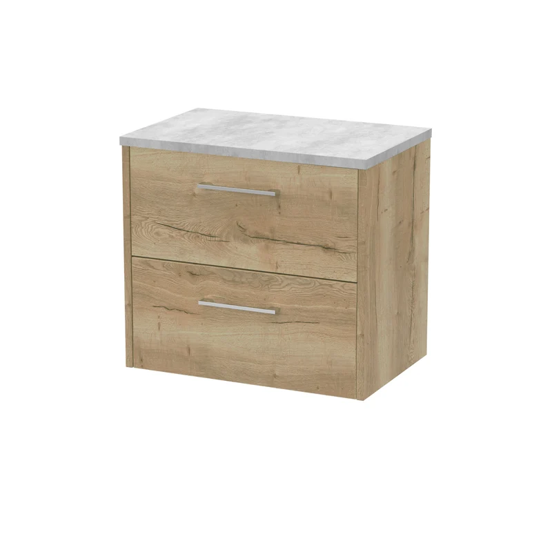 Juno 600mm Wall Hung 2 Drawer Vanity Unit & Bellato Grey Laminate Worktop - Autumn Oak Woodgrain