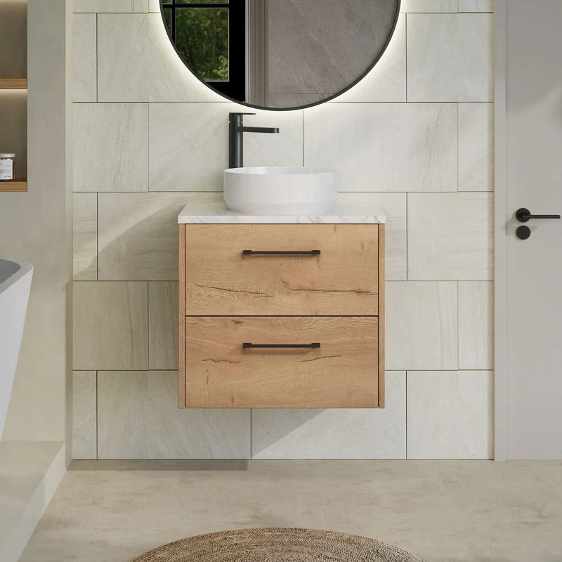 Juno 600mm Wall Hung 2 Drawer Vanity Unit & Carrera Marble Laminate Worktop - Autumn Oak Woodgrain