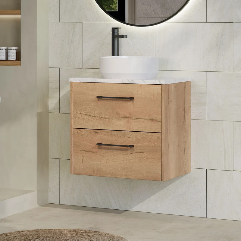 Juno 600mm Wall Hung 2 Drawer Vanity Unit & Carrera Marble Laminate Worktop - Autumn Oak Woodgrain
