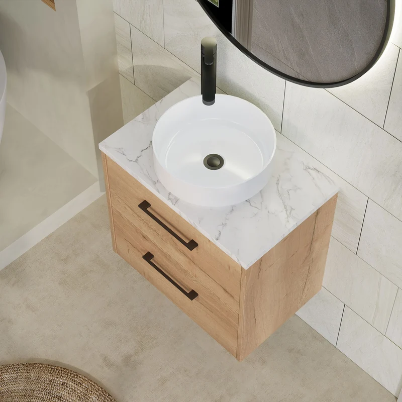 Juno 600mm Wall Hung 2 Drawer Vanity Unit & Carrera Marble Laminate Worktop - Autumn Oak Woodgrain