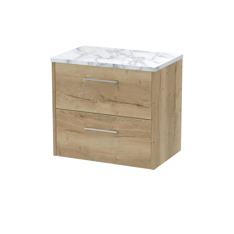 Juno 600mm Wall Hung 2 Drawer Vanity Unit & Carrera Marble Laminate Worktop - Autumn Oak Woodgrain