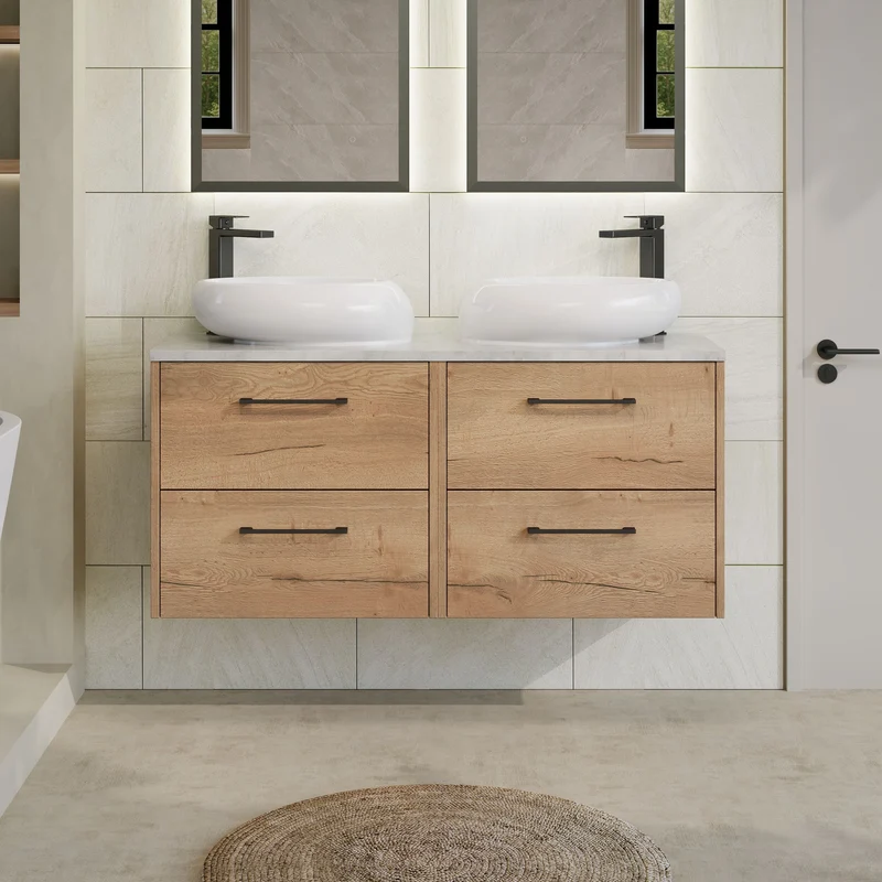 Juno 1200mm Wall Hung 4 Drawer Vanity Unit & Bellato Grey Laminate Worktop - Autumn Oak Woodgrain