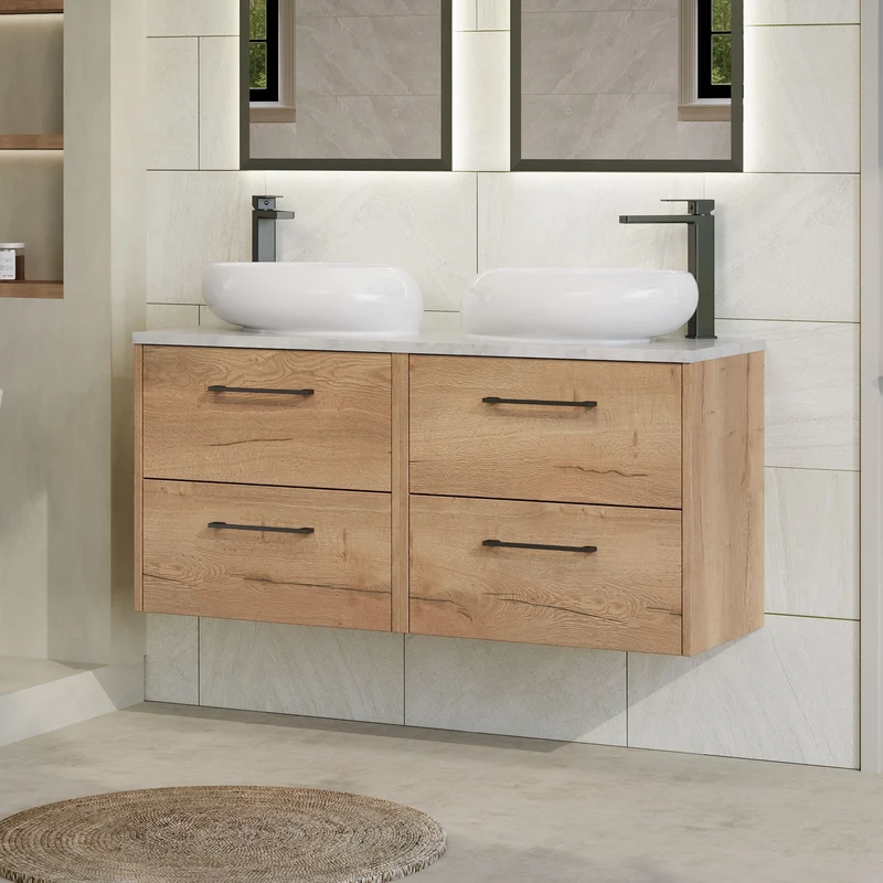 Juno 1200mm Wall Hung 4 Drawer Vanity Unit & Bellato Grey Laminate Worktop - Autumn Oak Woodgrain