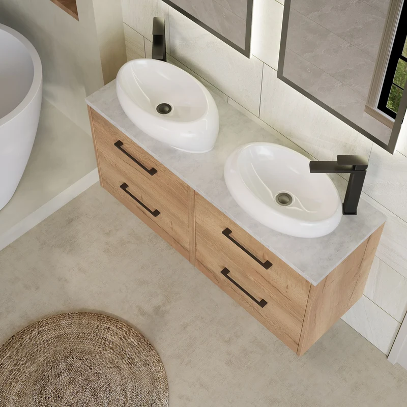 Juno 1200mm Wall Hung 4 Drawer Vanity Unit & Bellato Grey Laminate Worktop - Autumn Oak Woodgrain