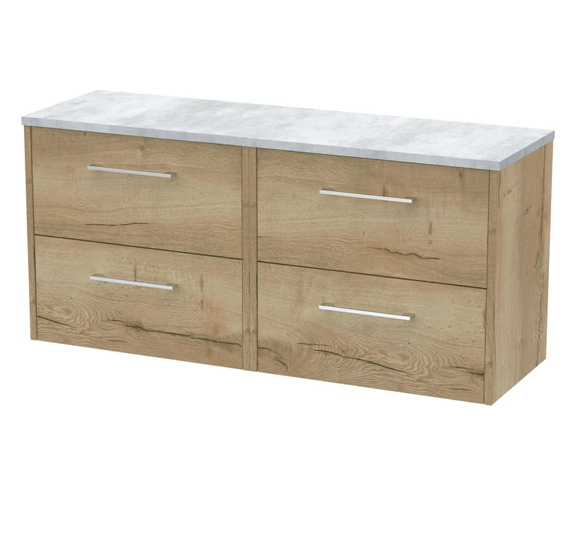 Juno 1200mm Wall Hung 4 Drawer Vanity Unit & Bellato Grey Laminate Worktop - Autumn Oak Woodgrain