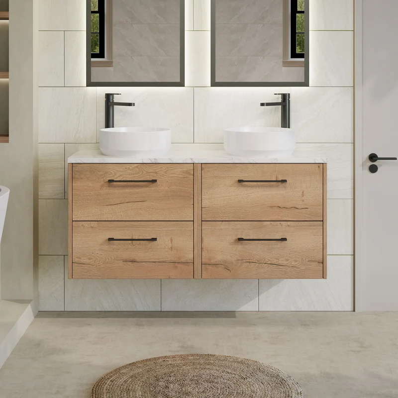 Juno 1200mm Wall Hung 4 Drawer Vanity Unit & Carrera Marble Laminate Worktop - Autumn Oak Woodgrain