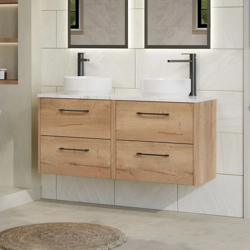Juno 1200mm Wall Hung 4 Drawer Vanity Unit & Carrera Marble Laminate Worktop - Autumn Oak Woodgrain