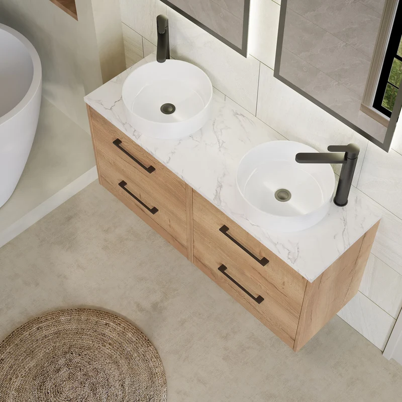 Juno 1200mm Wall Hung 4 Drawer Vanity Unit & Carrera Marble Laminate Worktop - Autumn Oak Woodgrain