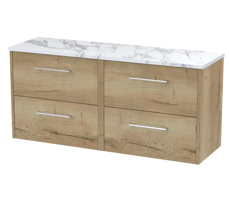 Juno 1200mm Wall Hung 4 Drawer Vanity Unit & Carrera Marble Laminate Worktop - Autumn Oak Woodgrain