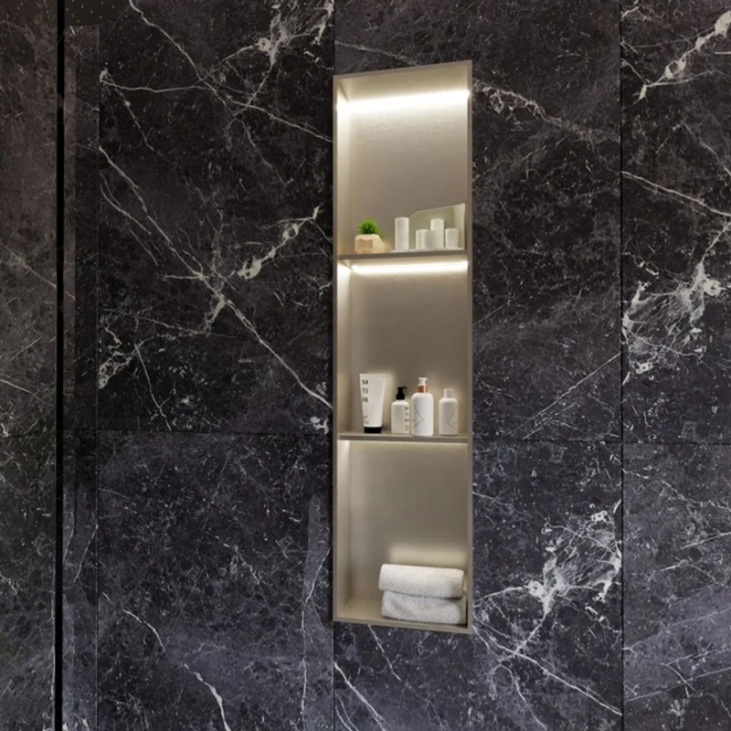 RAK INGOT 300mm x 1200mm Recessed Niche with 2 Shelves & LED Brushed Nickel