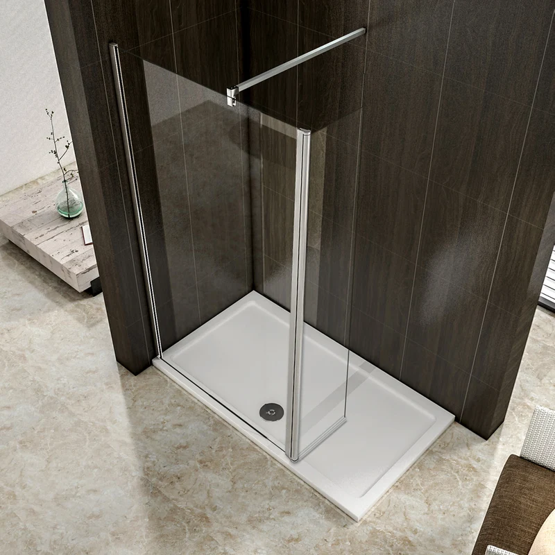 Aica paroi de douche à l'italienne en 8mm verre anticalcaire avec un retour pivotant de 40cm et une barre de satbislisation de 140cm
