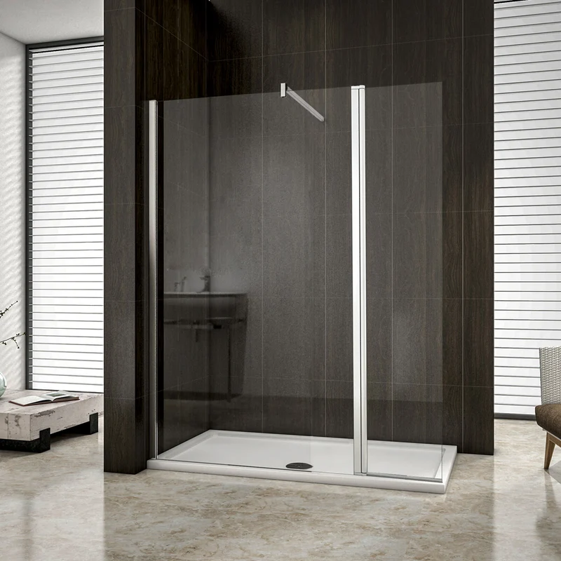 Aica paroi de douche à l'italienne en 8mm verre anticalcaire avec un retour pivotant de 40cm et une barre de satbislisation de 90cm