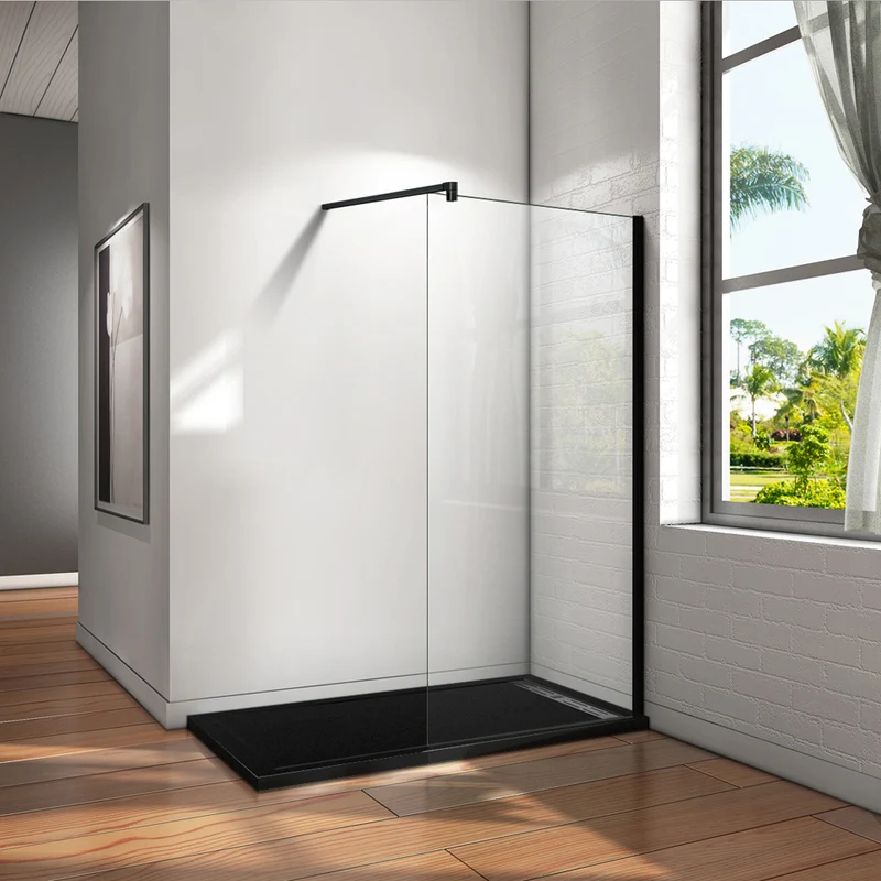 Aica paroi de douche à l’italienne en noire mat, paroi de douche en 8mm verre anticalcaire, livré avec une barre de fixation 140cm en noire mat