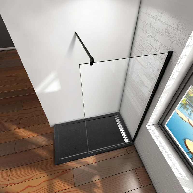 Aica paroi de douche à l’italienne en noire mat, paroi de douche en 8mm verre anticalcaire, livré avec une barre de fixation 140cm en noire mat