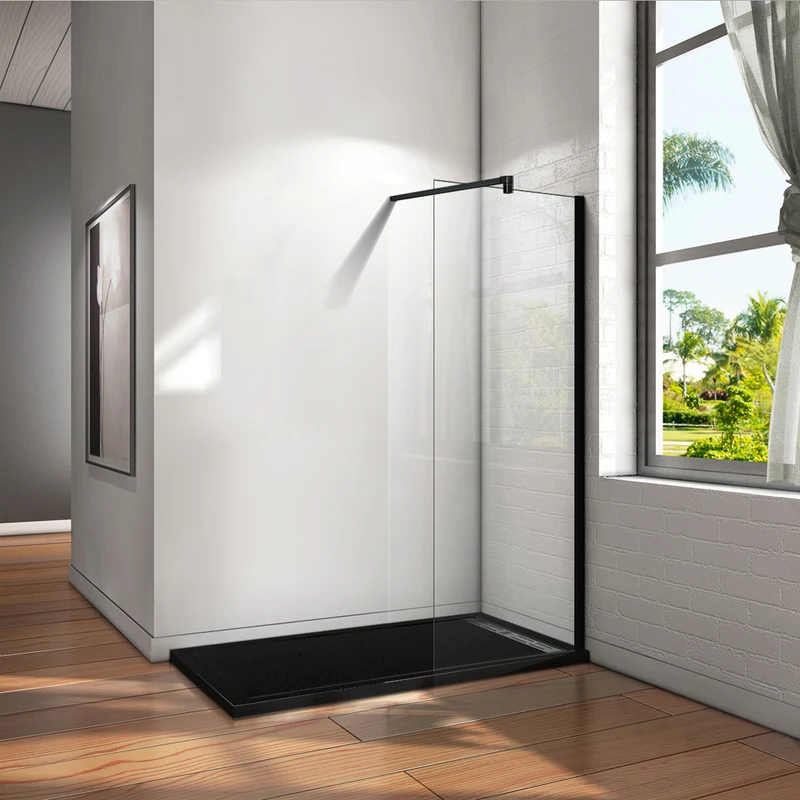 Aica paroi de douche à l’italienne en noire mat, paroi de douche en 8mm verre anticalcaire, livré avec une barre de fixation 140cm en noire mat