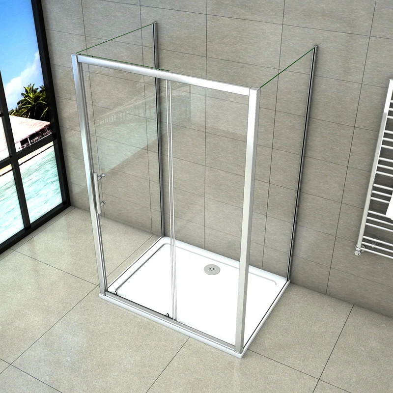 Aica cabine de douche en forme U, une porte de douche coulissante avec 2 parois latérales, verre transparent