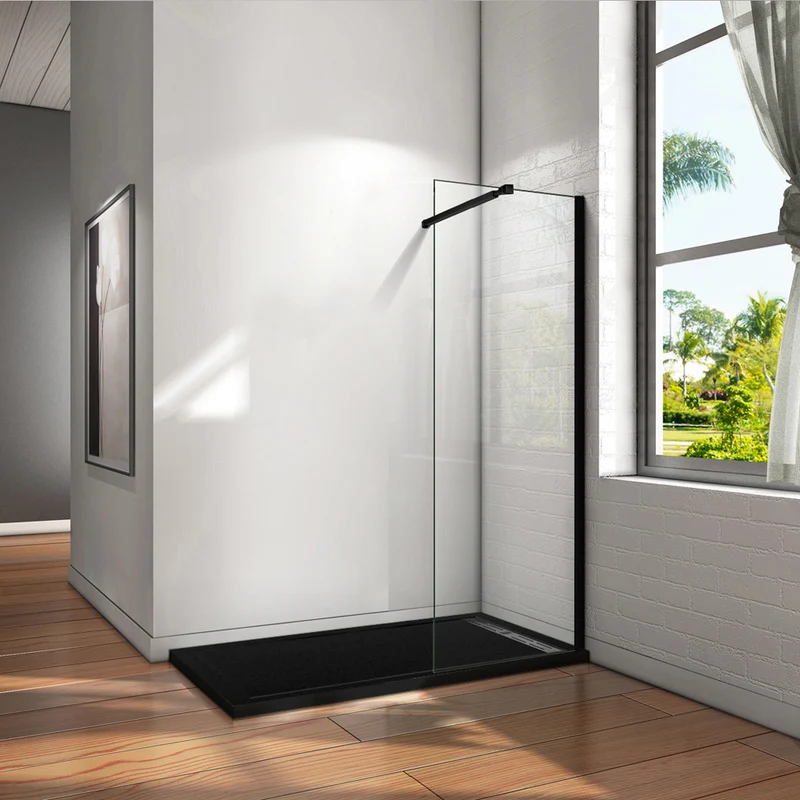 Aica paroi de douche à l'italienne en noire mat, paroi de douche en 8mm verre anticalcaire,avec une barre de fixation extensible en noire mat