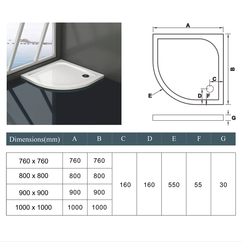Aica receveur de douche 1/4 de cercle blanc, extra-plat, gel coat, avec le bonde de douche et le siphon 90cm