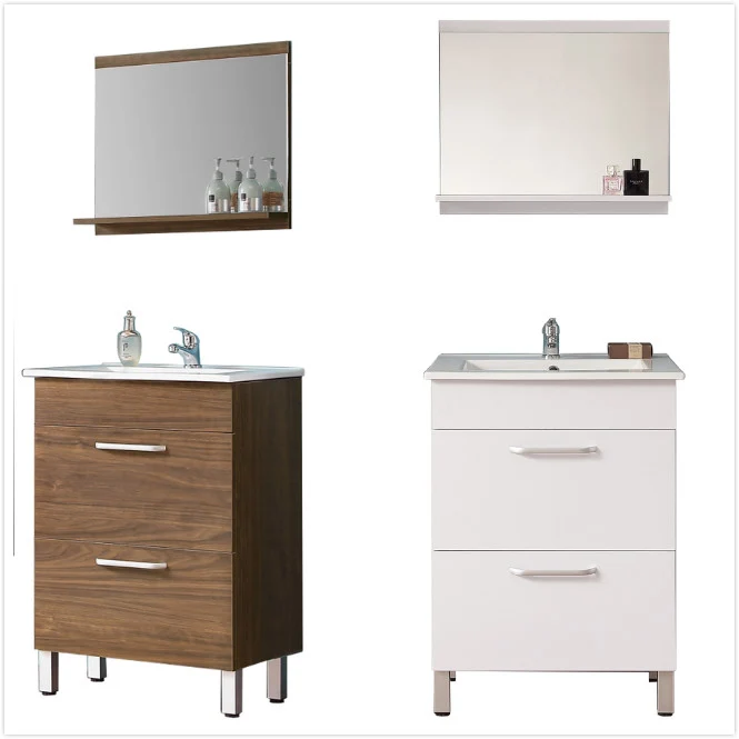 Ensemble de meubles de salle de bain, Meuble sous vasque sur pieds 2 tiroirs+Vasque+Miroir avec tablette