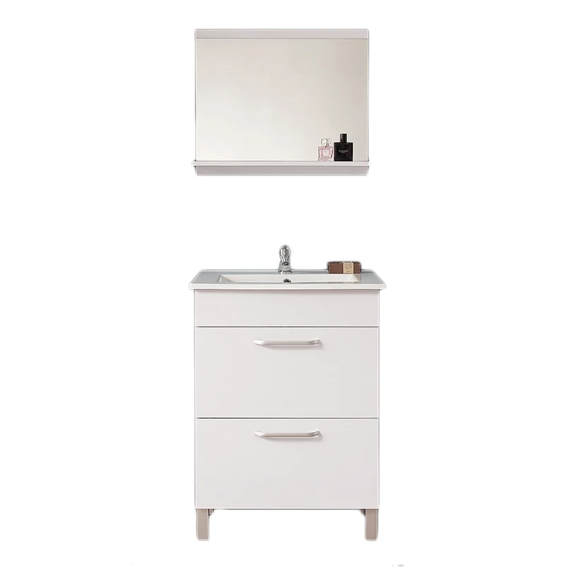 Ensemble de meubles de salle de bain, Meuble sous vasque sur pieds 2 tiroirs+Vasque+Miroir avec tablette