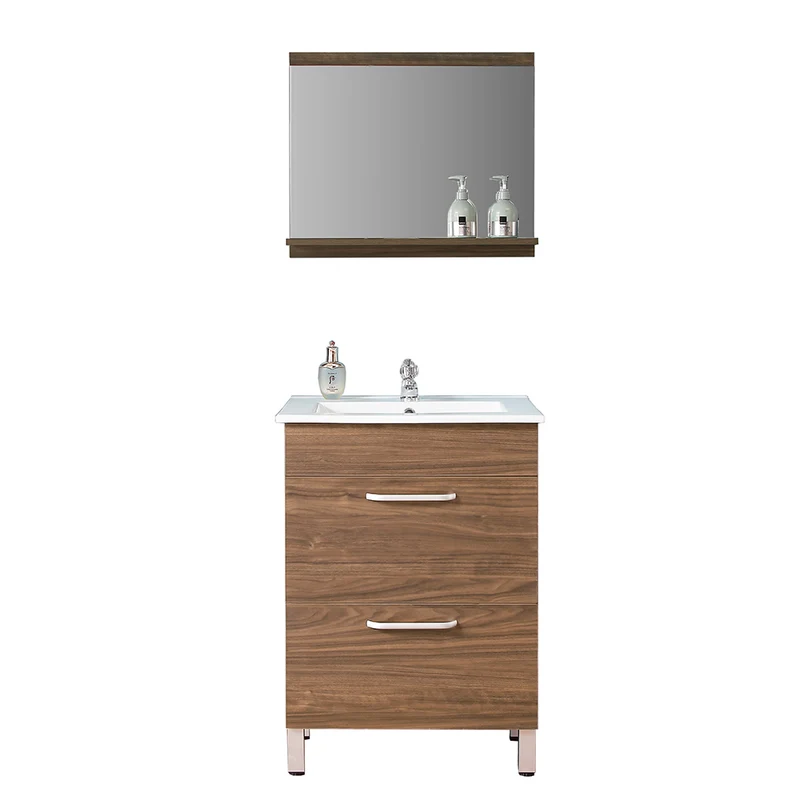 Ensemble de meubles de salle de bain, Meuble sous vasque sur pieds 2 tiroirs+Vasque+Miroir avec tablette