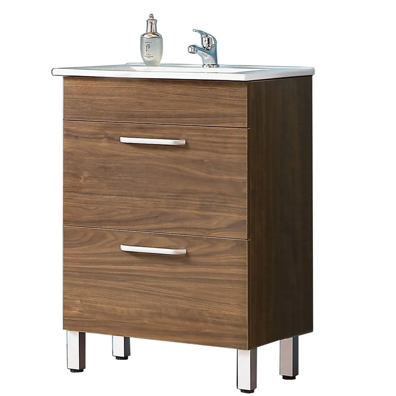 Ensemble de meubles de salle de bain, Meuble sous vasque sur pieds 2 tiroirs+Vasque+Miroir avec tablette
