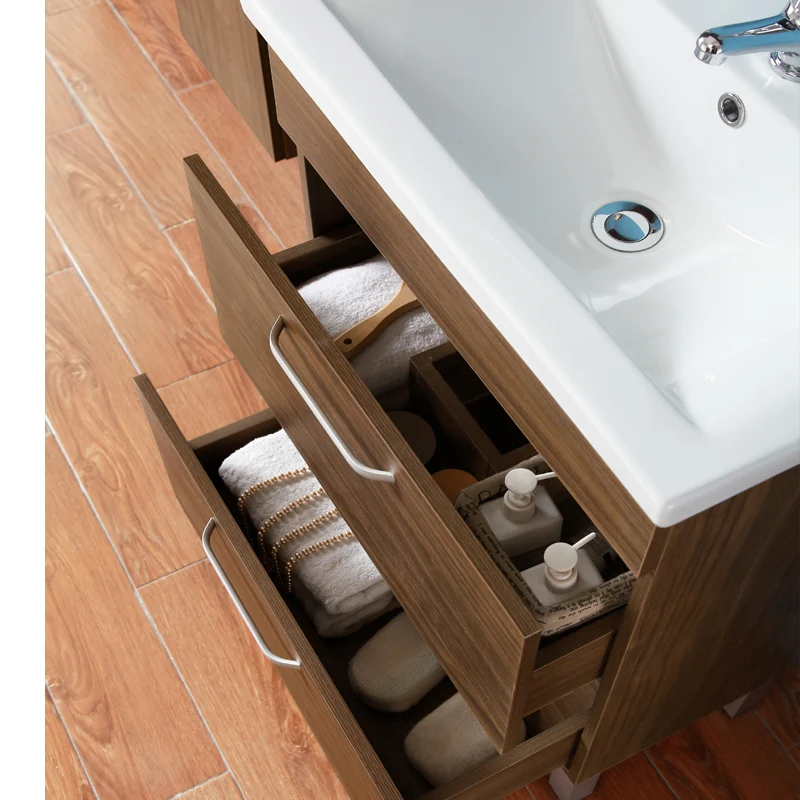 Ensemble de meubles de salle de bain, Meuble sous vasque sur pieds 2 tiroirs+Vasque+Miroir avec tablette