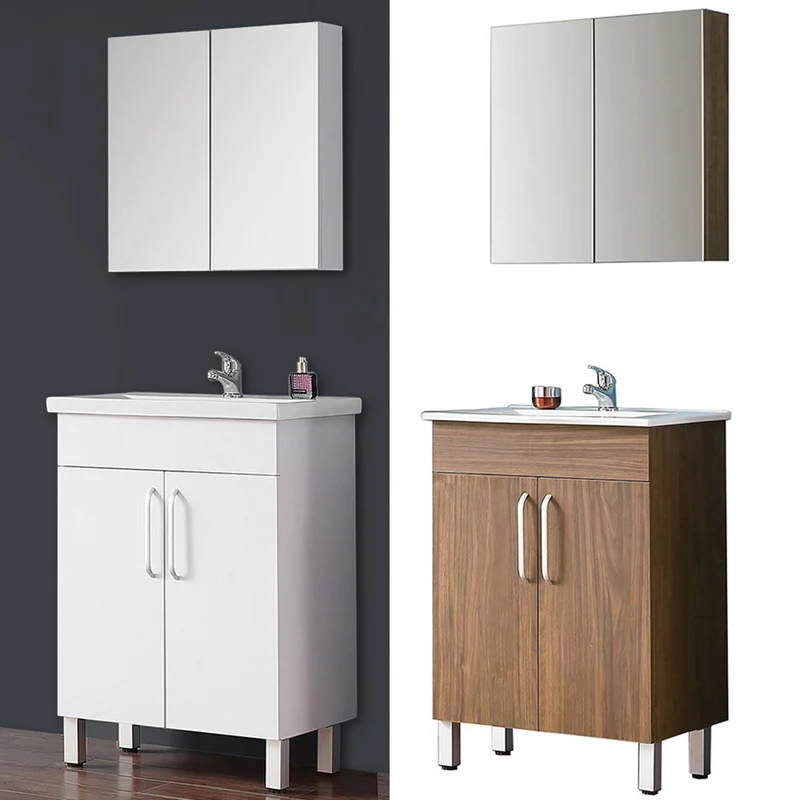 Ensemble de meubles de salle de bain, Meuble sous vasque sur pieds 2 portes, vasque céramique et cabinet miroir 60cm