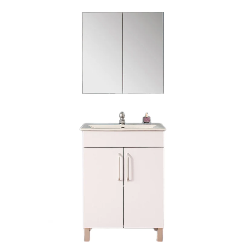 Ensemble de meubles de salle de bain, Meuble sous vasque sur pieds 2 portes, vasque céramique et cabinet miroir 60cm