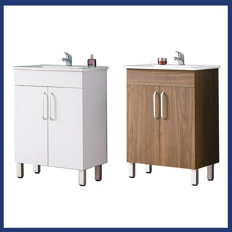 Ensemble de meubles de salle de bain, Meuble sous vasque sur pieds 2 portes, vasque céramique et cabinet miroir 60cm