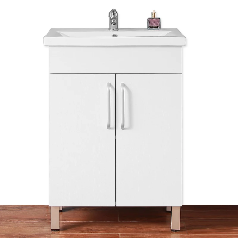Ensemble de meubles de salle de bain, Meuble sous vasque sur pieds 2 portes, vasque céramique et cabinet miroir 60cm