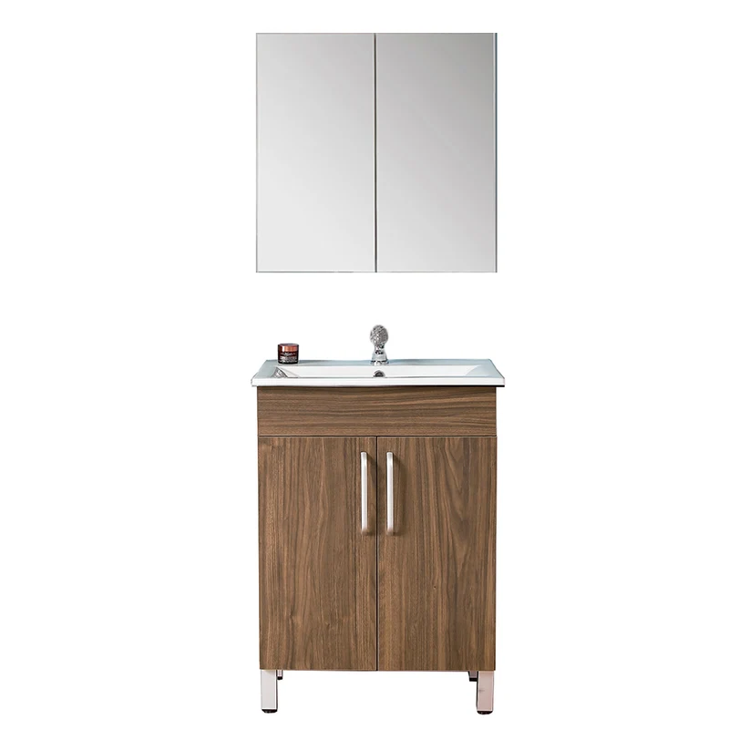 Ensemble de meubles de salle de bain, Meuble sous vasque sur pieds 2 portes, vasque céramique et cabinet miroir 60cm