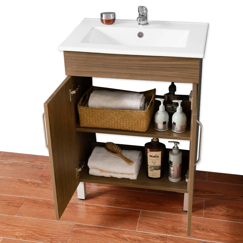 Ensemble de meubles de salle de bain, Meuble sous vasque sur pieds 2 portes, vasque céramique et cabinet miroir 60cm