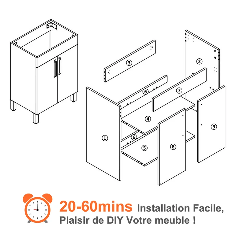 Ensemble de meubles de salle de bain, Meuble sous vasque sur pieds 2 portes, vasque céramique et cabinet miroir 60cm