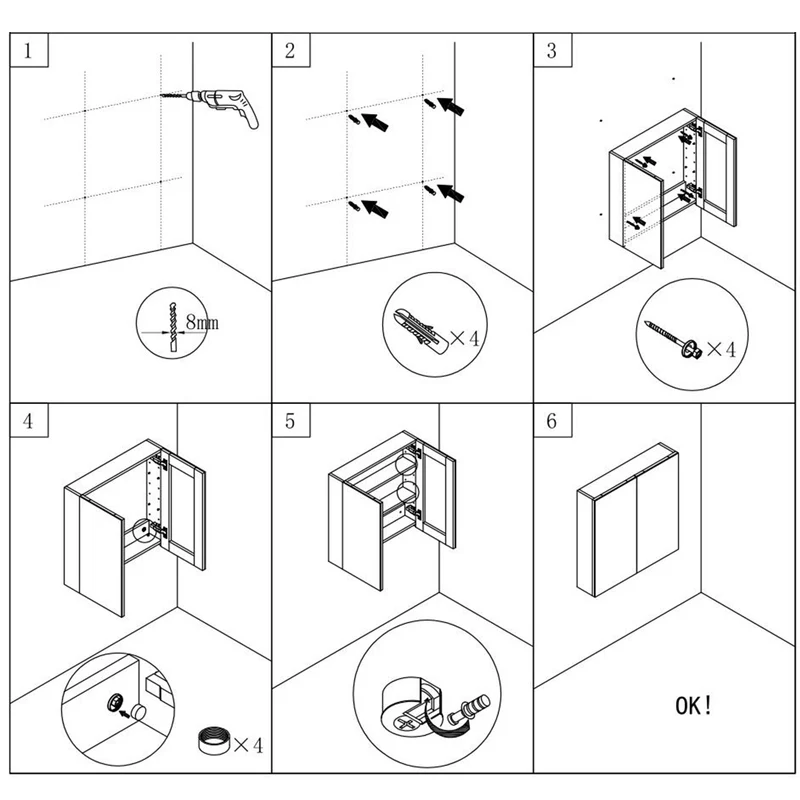 Ensemble de meubles de salle de bain, Meuble sous vasque sur pieds 2 portes, vasque céramique et cabinet miroir 60cm