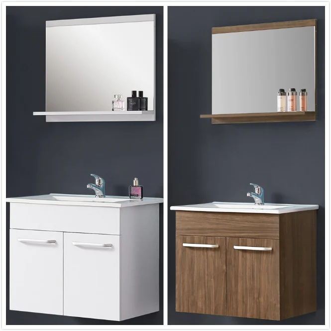 Ensemble de meubles de salle de bain, Meuble sous vasque à suspendre 2 portes, Vasque et Miroir avec tablette 60cm