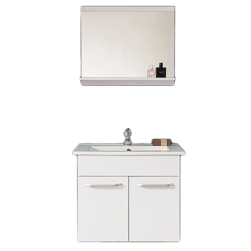 Ensemble de meubles de salle de bain, Meuble sous vasque à suspendre 2 portes, Vasque et Miroir avec tablette 60cm
