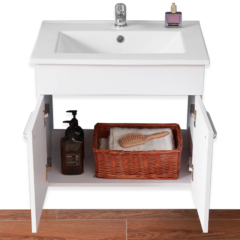 Ensemble de meubles de salle de bain, Meuble sous vasque à suspendre 2 portes, Vasque et Miroir avec tablette 60cm