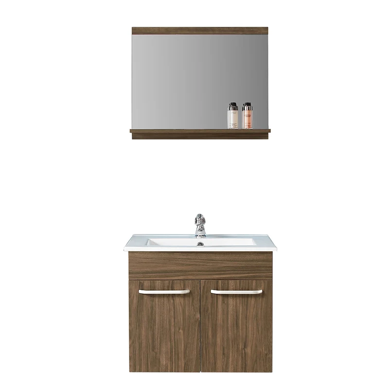 Ensemble de meubles de salle de bain, Meuble sous vasque à suspendre 2 portes, Vasque et Miroir avec tablette 60cm