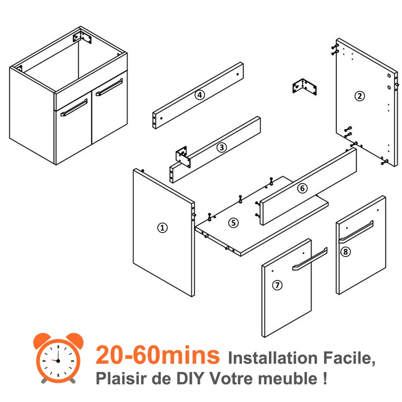 Ensemble de meubles de salle de bain, Meuble sous vasque à suspendre 2 portes, Vasque et Miroir avec tablette 60cm