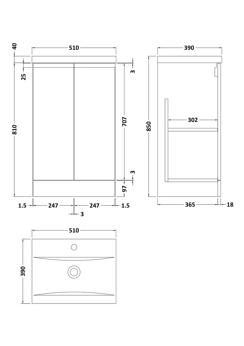 Urban 500mm Floor Standing 2 Door Vanity Unit & Mid Edge Ceramic Basin - Soft Black Satin