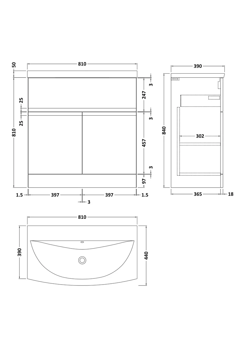 Urban 800mm Floor Standing 2 Door & 1 Drawer Vanity Unit & Curved Ceramic Basin - Soft Black Satin