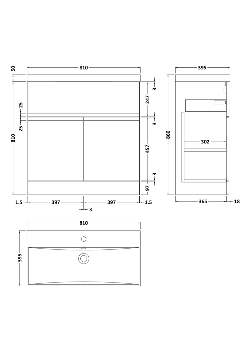 Urban 800mm Floor Standing 2 Door & 1 Drawer Vanity Unit & Thin Edge Ceramic Basin - Soft Black Satin